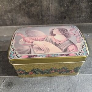 Angel Playing Harp Tin Trunk‎ Style with Hinged Lid Christmas Angel Holiday